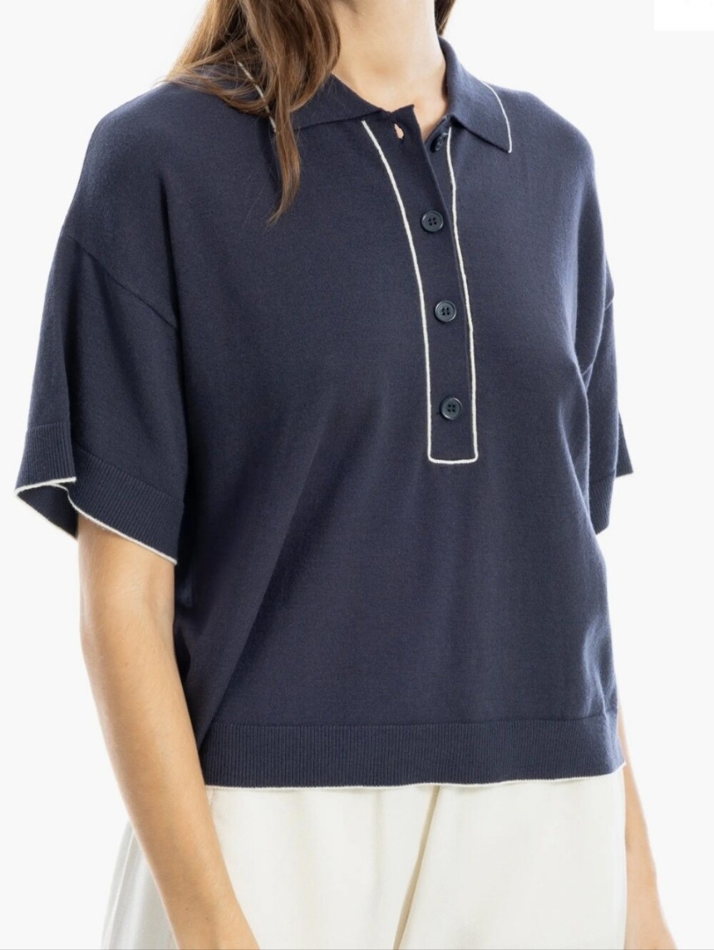 Max Studio London Boxy Polo Short Sleeve Sweater Contrast Trim NWT Size Large